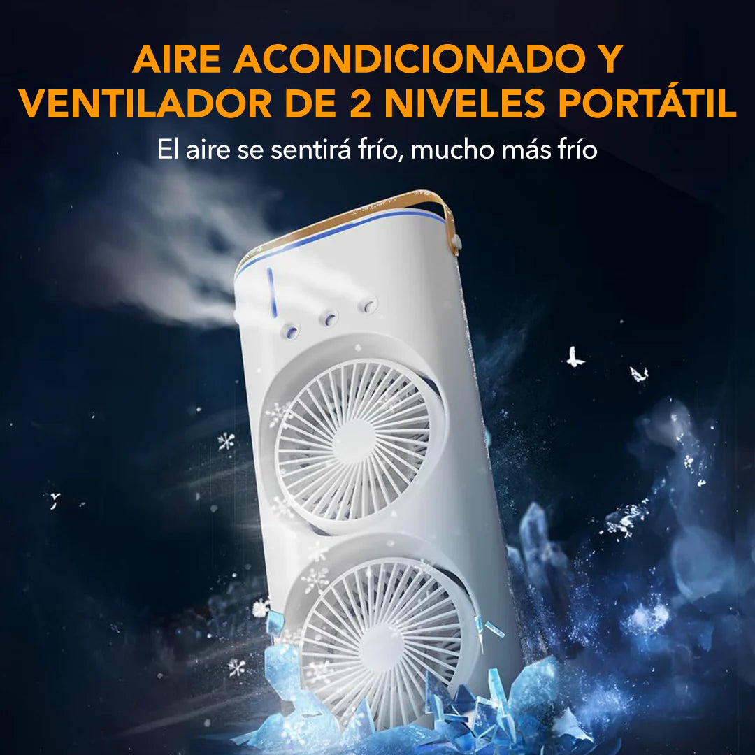 Ventilador y Aire Acondicionado de 2 Niveles con Función Multitarea – Recargable por USB